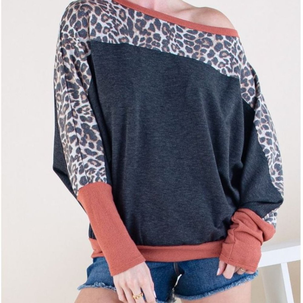 Leopard-Trim Off-Shoulder Top in Charcoal and Rust